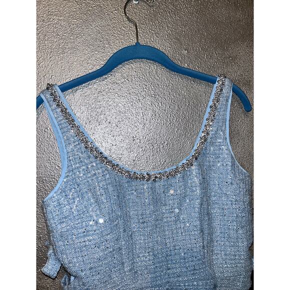 Self-Portrait Cocktail Wedding Prom Powder Blue Tweed Sequin Beaded Mini Dress - Picture 5 of 11